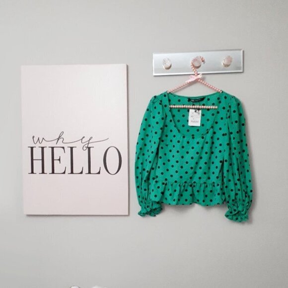 NWT Zara green & black polka dot print blouse top, XS - Picture 8 of 9